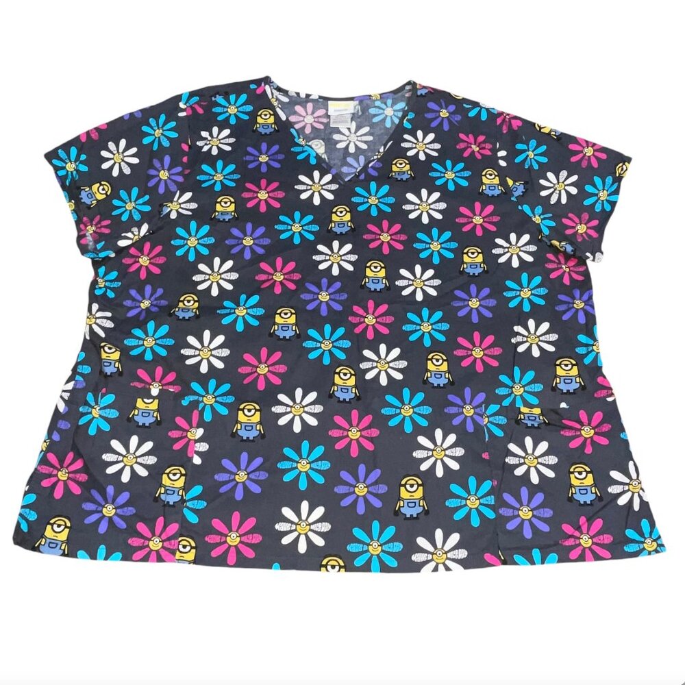 Minions Despicable Me Plus Size 3XL Gray Pink Blue Purple Floral Scrub Shirt